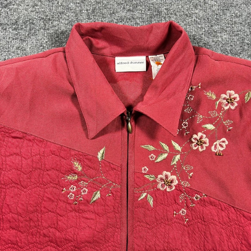 Alfred Dunner Jacket Womens Size16 Red Floral Embroidered Zip Up Quilted Texture